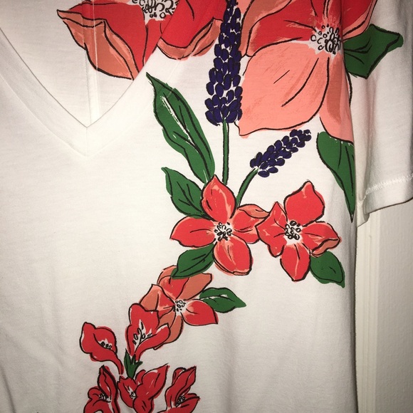 TORY BURCH NWOT AUTHENTIC 100% PIMA COTTON V-NECK FLORAL BLOUSE T-SHIRT - Picture 14 of 16